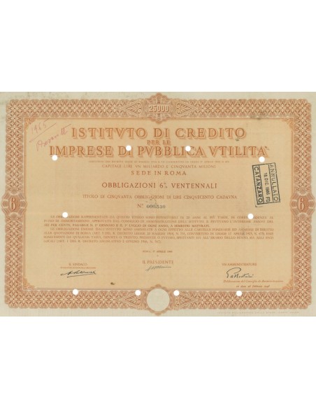 ISTITUTO DI CREDITO PER LE IMPRESE DI PUBBLICA UTILITA` 50 OBBLIG. 6% ROMA 1948