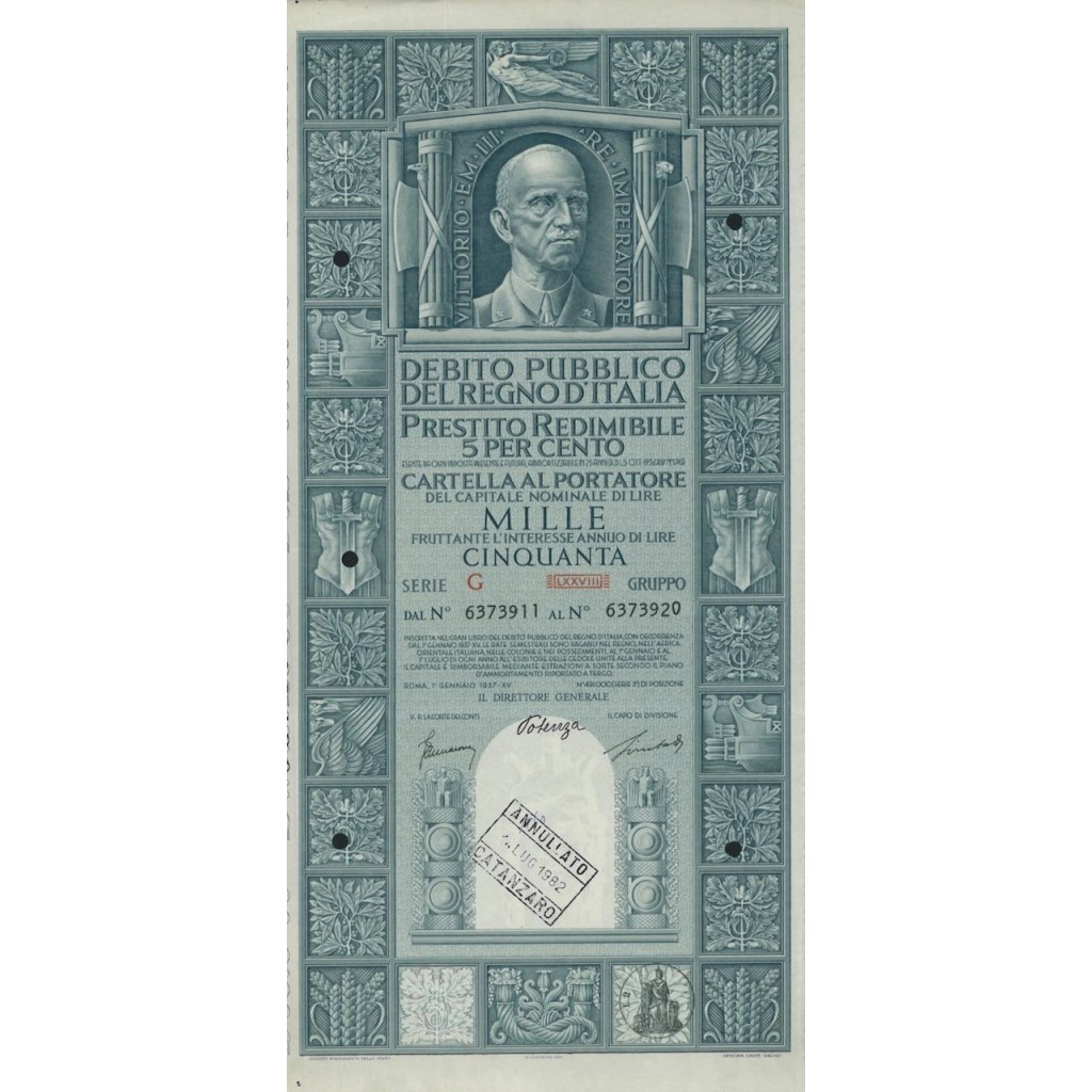 CARTELLA 1000 LIRE PRESTITO SERIE G ANNULLATO REGNO D'ITALIA 1937