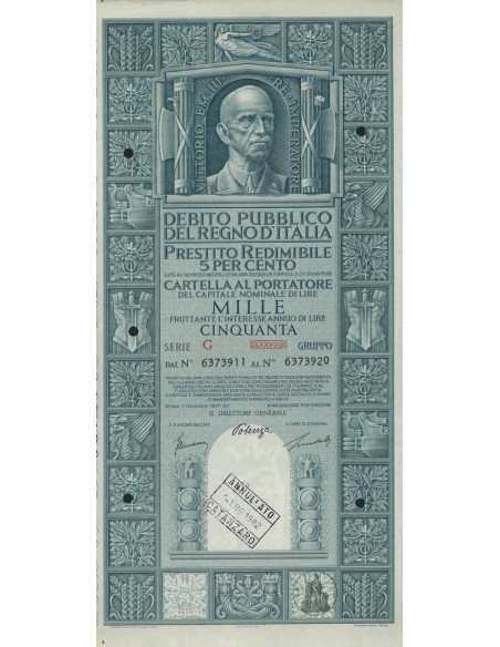 CARTELLA 1000 LIRE PRESTITO SERIE G ANNULLATO REGNO D'ITALIA 1937