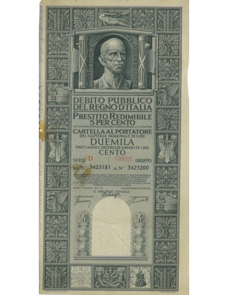 CARTELLA 2000 LIRE PRESTITO SERIE D ANNULLATO REGNO D'ITALIA 1937