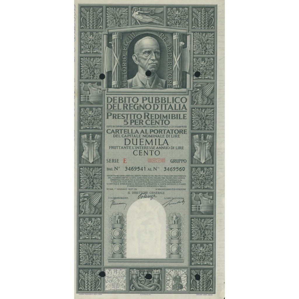 CARTELLA 2000 LIRE PRESTITO SERIE E ANNULLATO REGNO D'ITALIA 1937