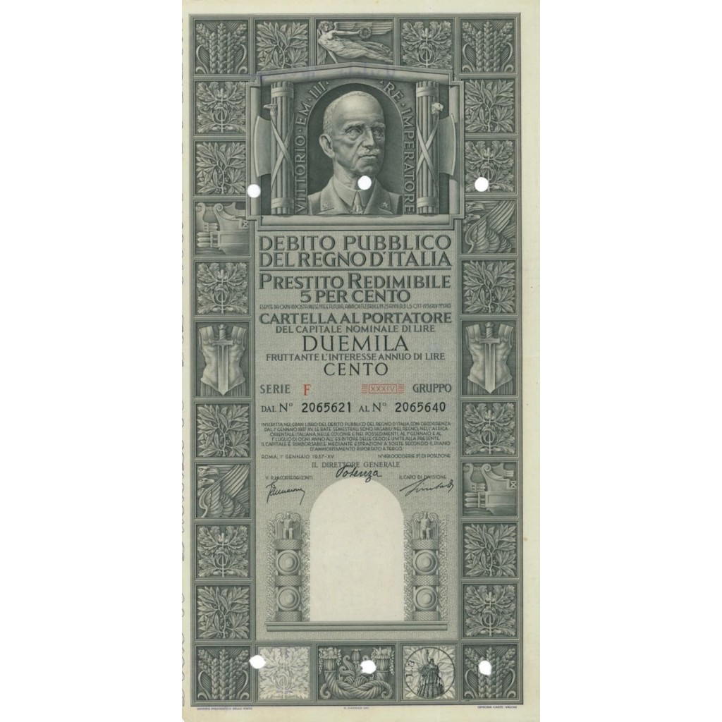 CARTELLA 2000 LIRE PRESTITO SERIE F ANNULLATO REGNO D'ITALIA 1937