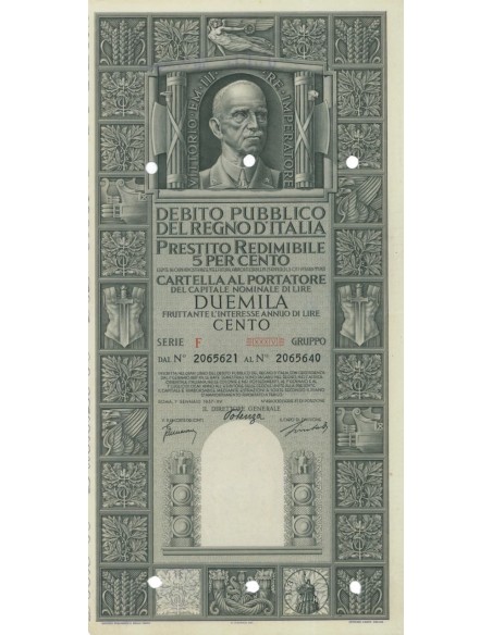 CARTELLA 2000 LIRE PRESTITO SERIE F ANNULLATO REGNO D'ITALIA 1937