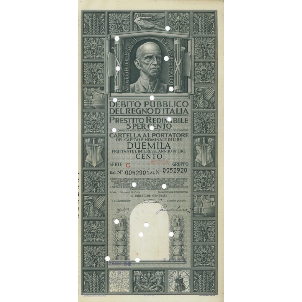 CARTELLA 2000 LIRE PRESTITO SERIE G ANNULLATO REGNO D'ITALIA 1937
