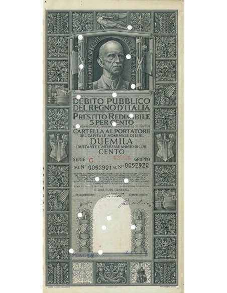 CARTELLA 2000 LIRE PRESTITO SERIE G ANNULLATO REGNO D'ITALIA 1937