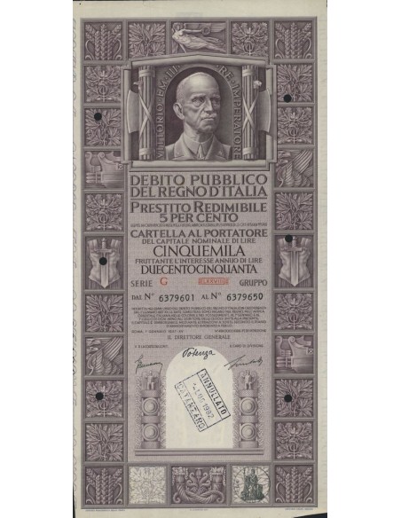 CARTELLA 5000 LIRE PRESTITO SERIE G ANNULLATO REGNO D'ITALIA 1937