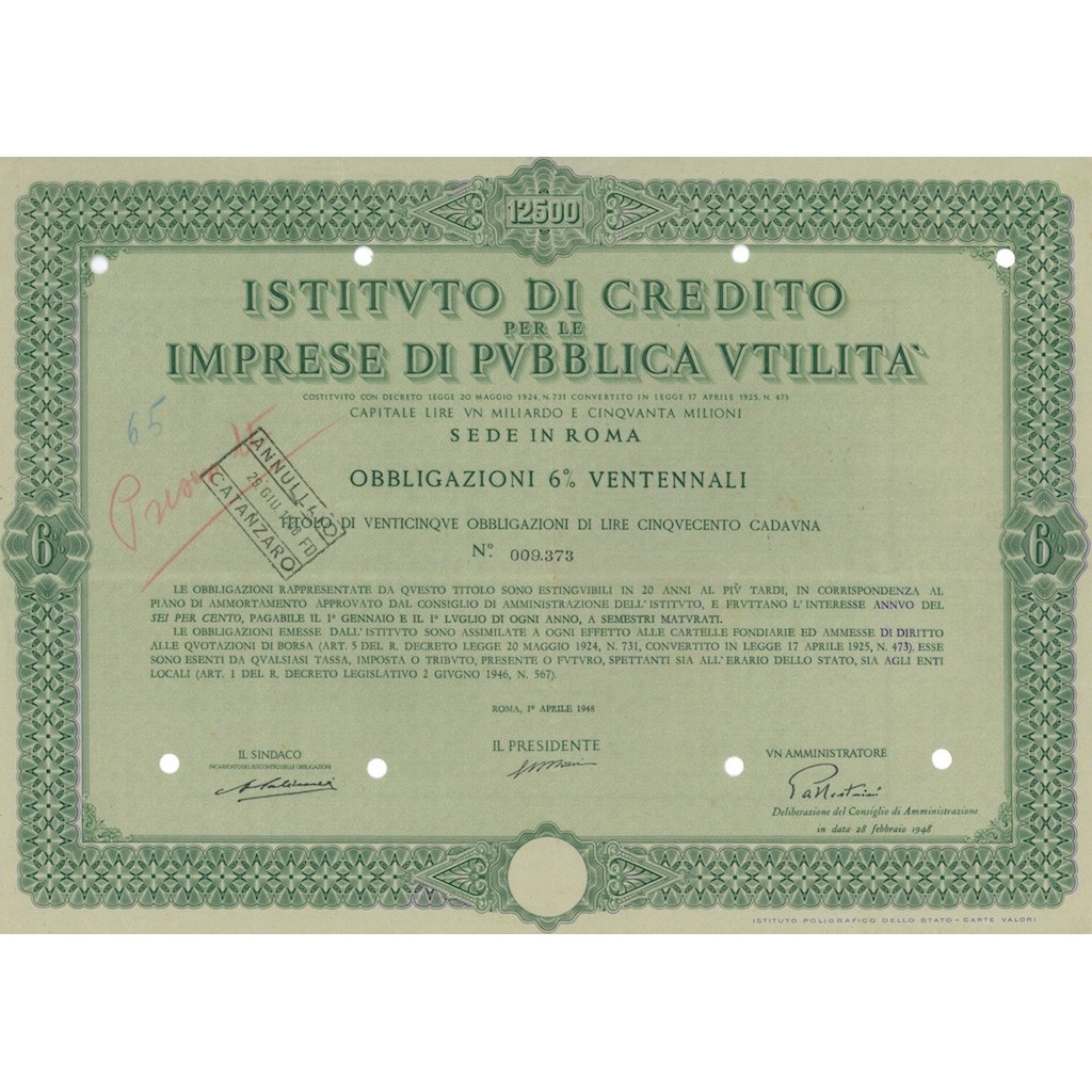 ISTITUTO DI CREDITO PER LE IMPRESE DI PUBBLICA UTILITA` 25 OBBLIG. 6% ROMA 1946