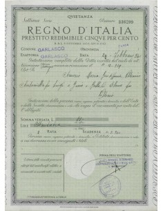 QUIETANZA PRESTITO REDIMIBILE 5% - REGNO D'ITALIA 1939