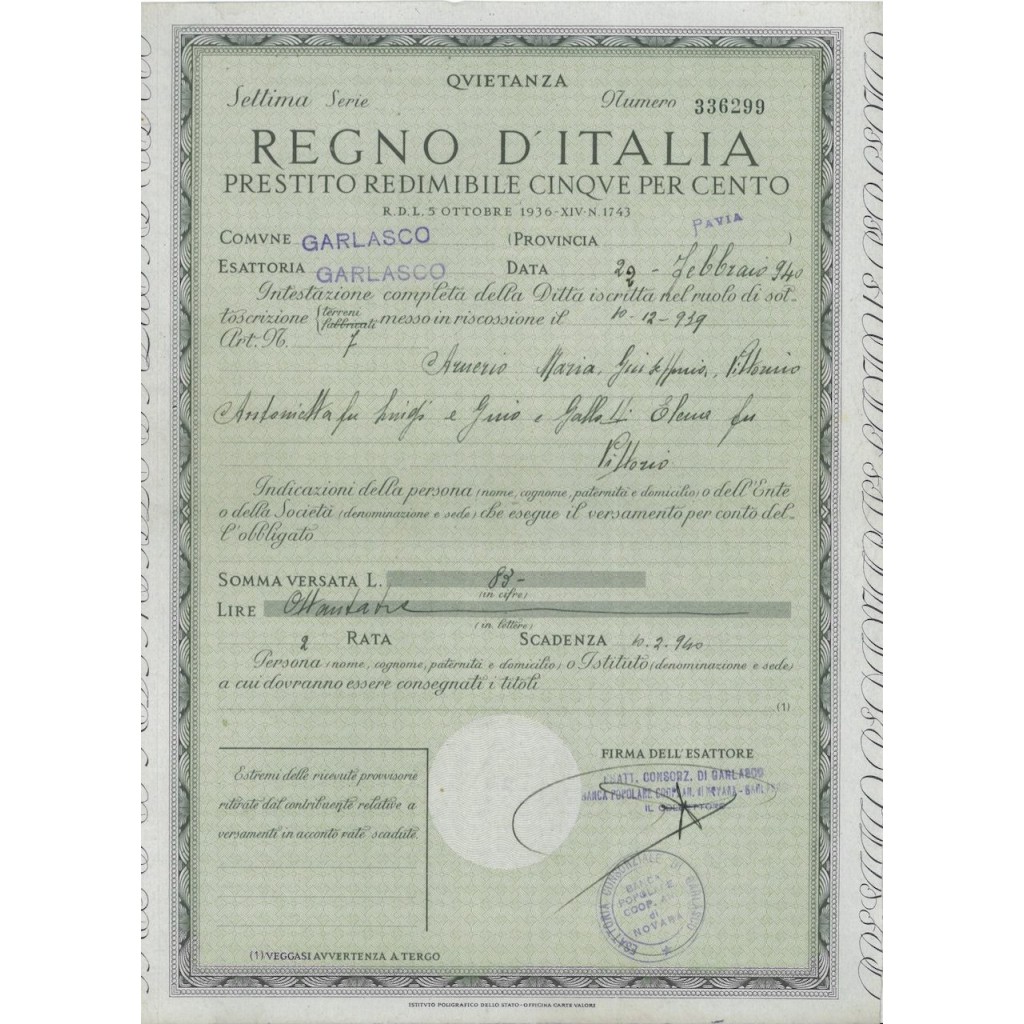 QUIETANZA PRESTITO REDIMIBILE 5% - REGNO D'ITALIA 1939
