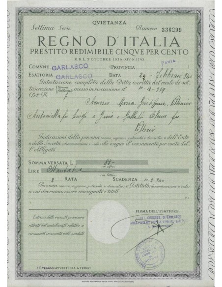 QUIETANZA PRESTITO REDIMIBILE 5% - REGNO D'ITALIA 1939