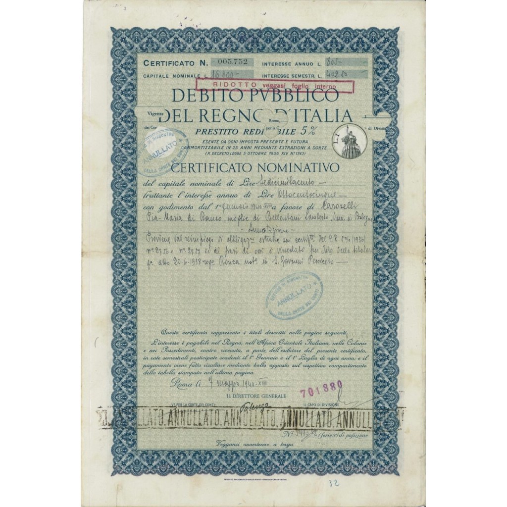 CERTIFICATO NOMINATIVO - P. REDIMIBILE 5% REGNO D'ITALIA 1940