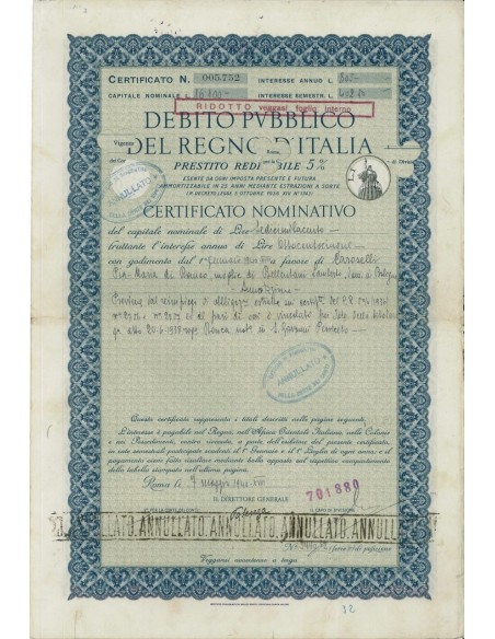 CERTIFICATO NOMINATIVO - P. REDIMIBILE 5% REGNO D'ITALIA 1940