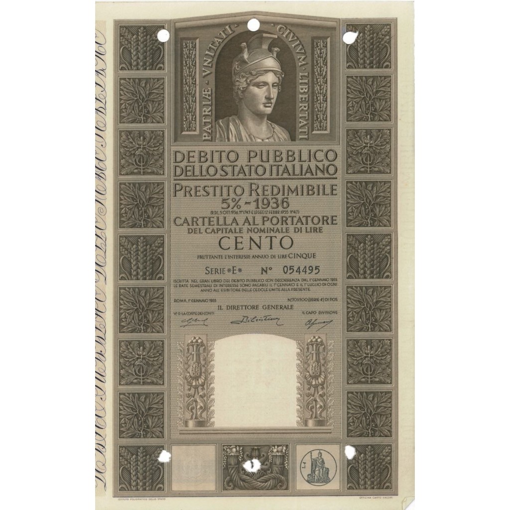 CARTELLA 100 LIRE P. REDIMIBILE 5% SERIE E - ITALIA 1955