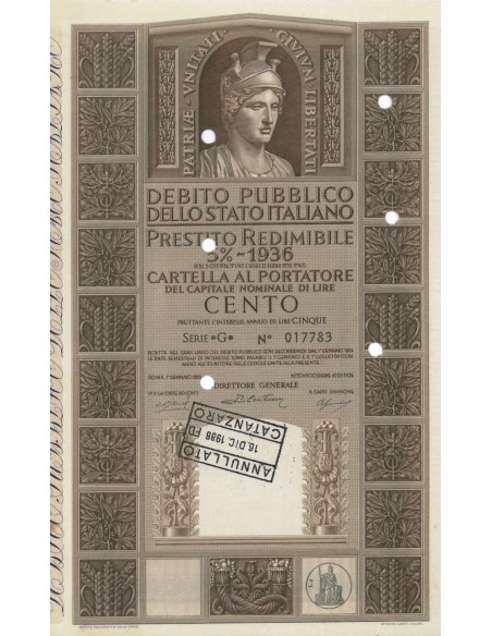 CARTELLA 100 LIRE P. REDIMIBILE 5% SERIE G - ITALIA 1955