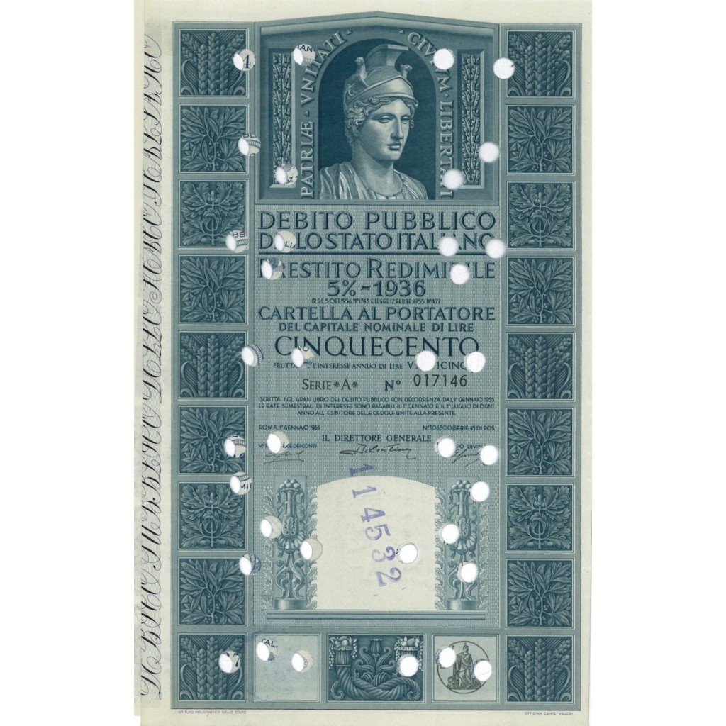 CARTELLA 500 LIRE P. REDIMIBILE 5% SERIE A - ITALIA 1955