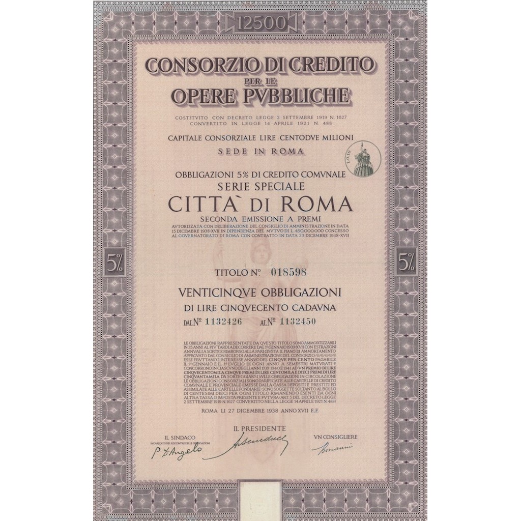 CONSORZIO DI CREDITO PER LE OPERE PUBBLICHE SERIE SPEC. 25 OBBL. 5% ROMA 1938