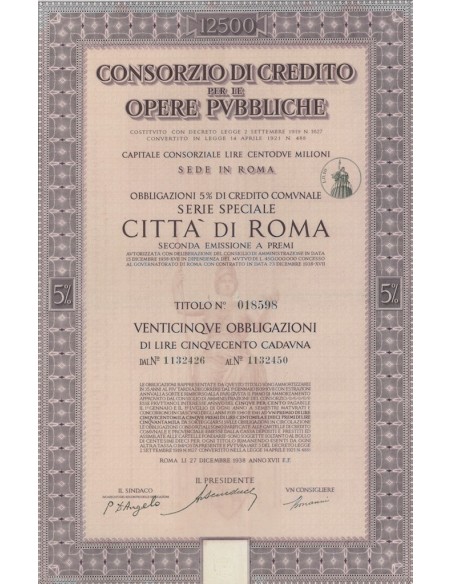 CONSORZIO DI CREDITO PER LE OPERE PUBBLICHE SERIE SPEC. 25 OBBL. 5% ROMA 1938