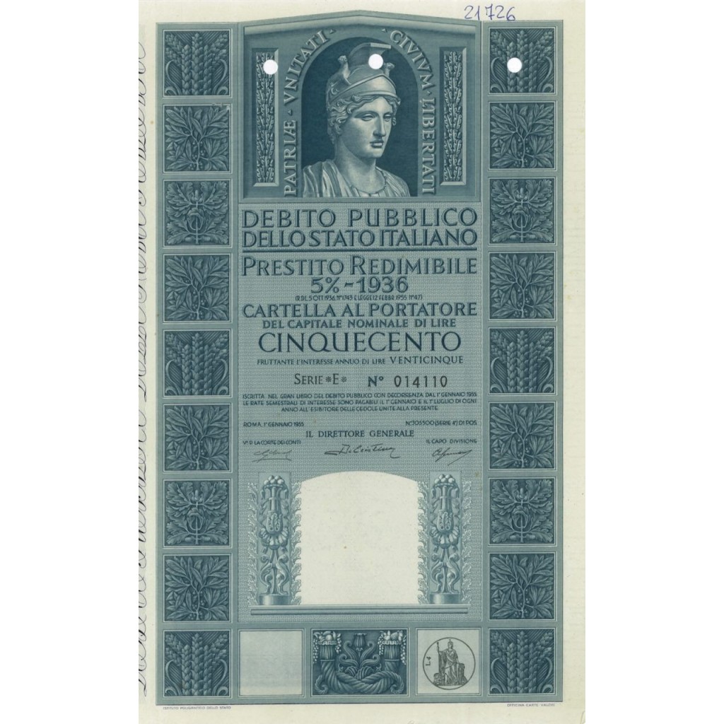 CARTELLA 500 LIRE P. REDIMIBILE 5% SERIE E - ITALIA 1955