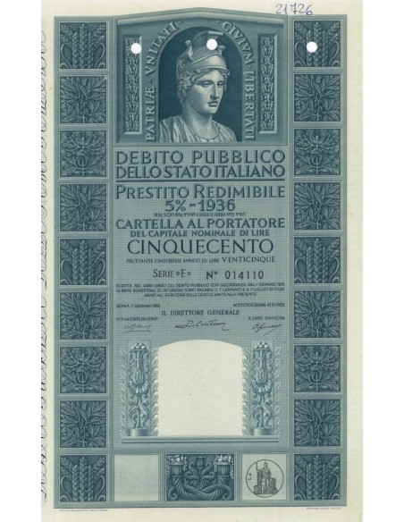 CARTELLA 500 LIRE P. REDIMIBILE 5% SERIE E - ITALIA 1955
