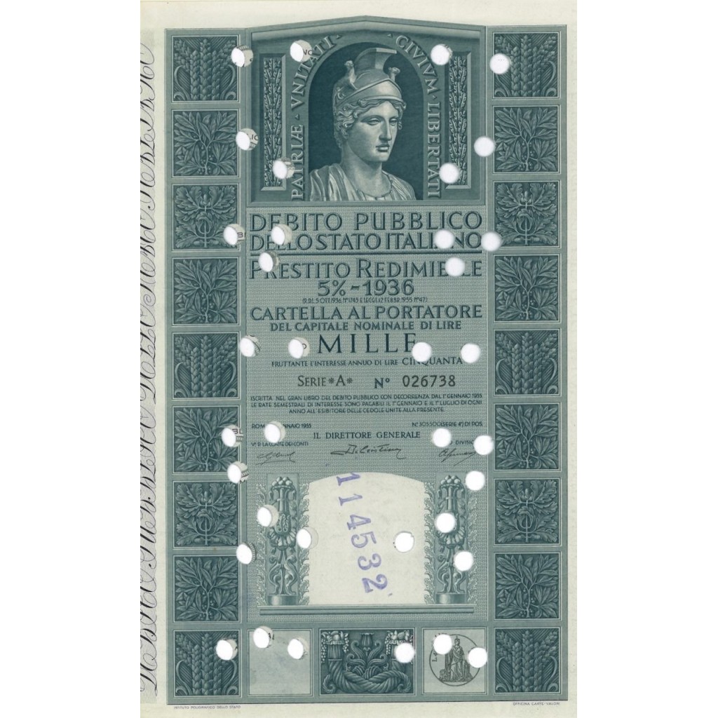 CARTELLA 1000 LIRE P. REDIMIBILE 5% SERIE A - ITALIA 1955