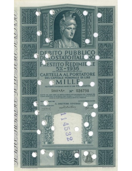 CARTELLA 1000 LIRE P. REDIMIBILE 5% SERIE A - ITALIA 1955