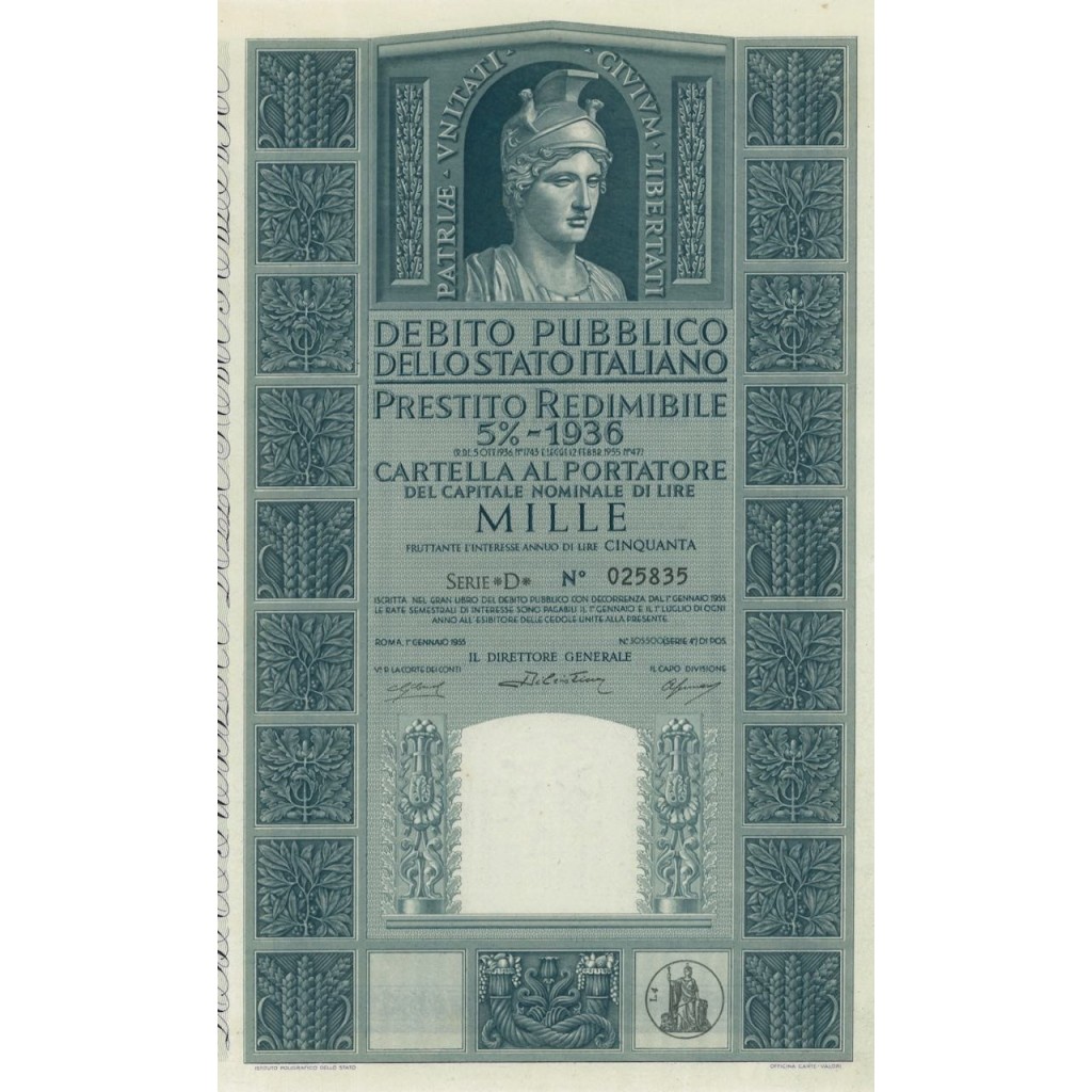 CARTELLA 1000 LIRE P. REDIMIBILE 5% SERIE D - ITALIA 1955
