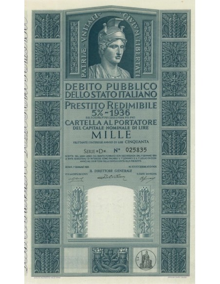 CARTELLA 1000 LIRE P. REDIMIBILE 5% SERIE D - ITALIA 1955