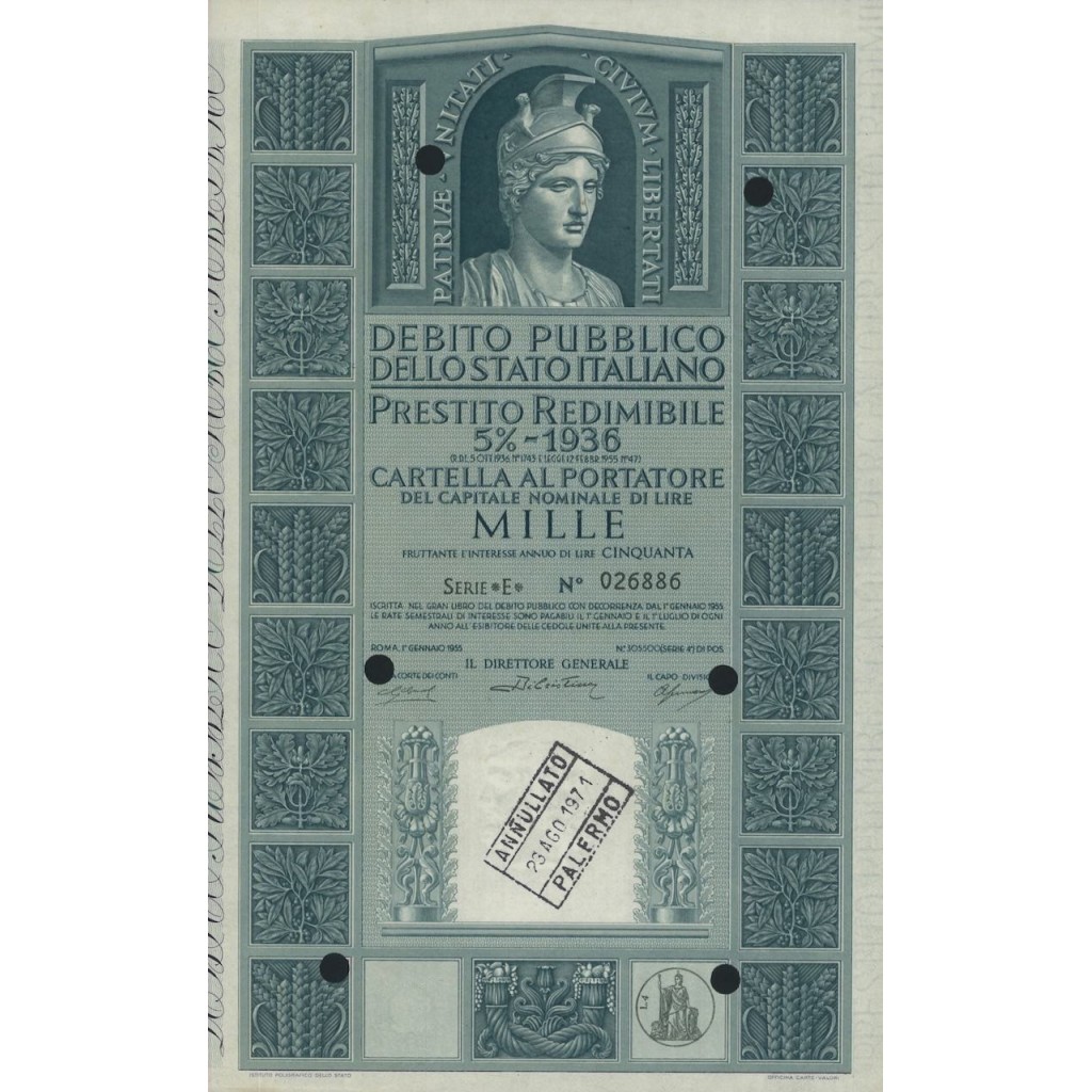 CARTELLA 1000 LIRE P. REDIMIBILE 5% SERIE E - ITALIA 1955