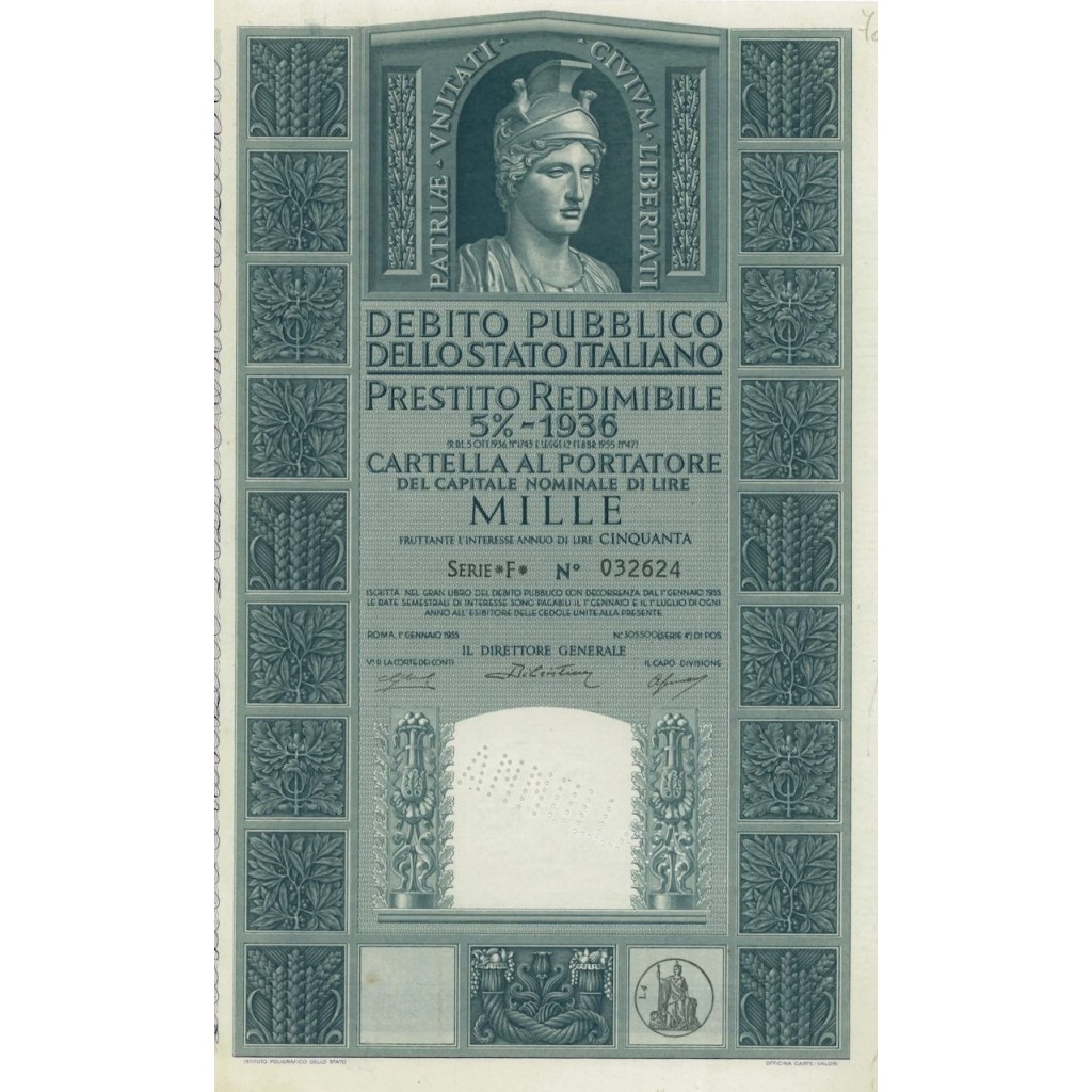 CARTELLA 1000 LIRE P. REDIMIBILE 5% SERIE F - ITALIA 1955