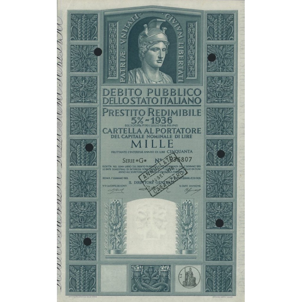 CARTELLA 1000 LIRE P. REDIMIBILE 5% SERIE G - ITALIA 1955