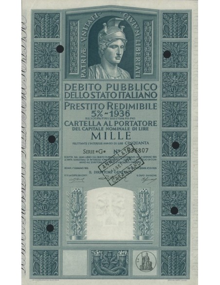CARTELLA 1000 LIRE P. REDIMIBILE 5% SERIE G - ITALIA 1955