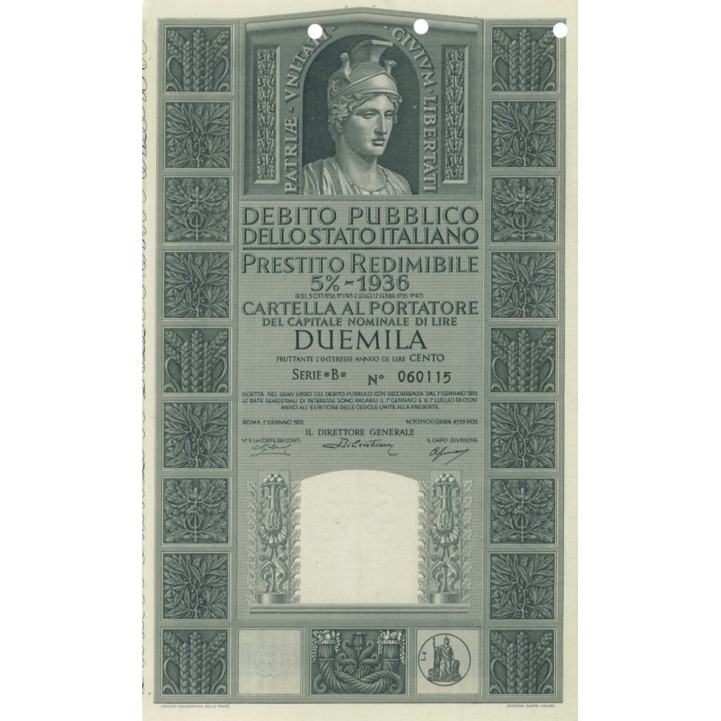 CARTELLA 2000 LIRE P. REDIMIBILE 5% SERIE B - ITALIA 1955