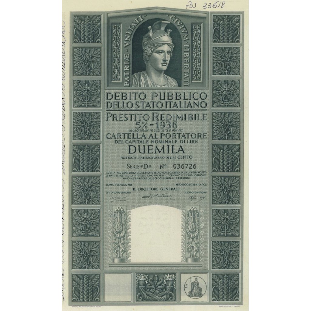 CARTELLA 2000 LIRE P. REDIMIBILE 5% SERIE D - ITALIA 1955