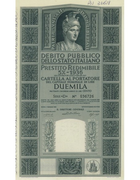 CARTELLA 2000 LIRE P. REDIMIBILE 5% SERIE D - ITALIA 1955