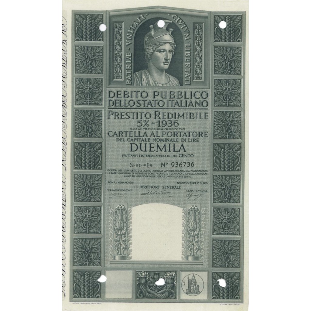 CARTELLA 2000 LIRE P. REDIMIBILE 5% SERIE E - ITALIA 1955