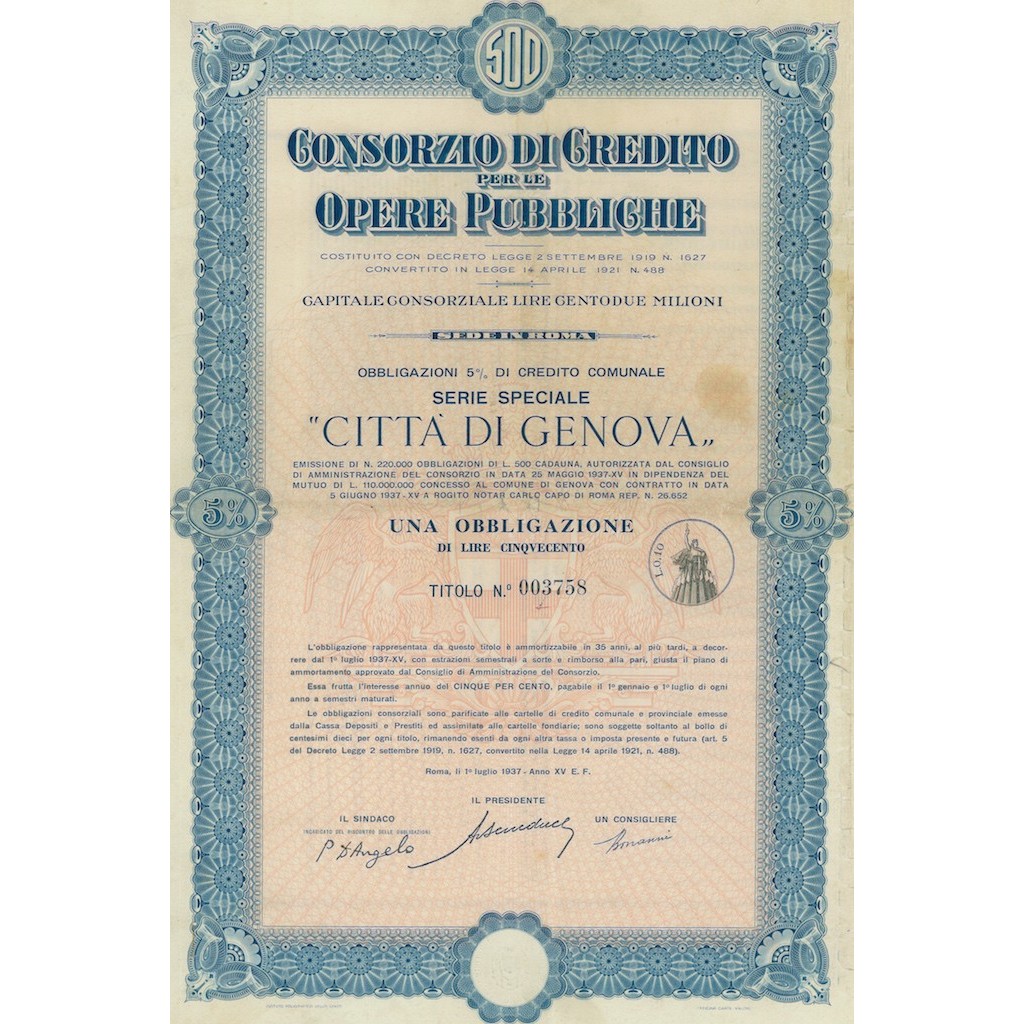 CONSORZIO DI CREDITO PER LE OPERE PUBBLICHE SERIE SPECIALE 1 OBBL. 5% GENOVA 1937