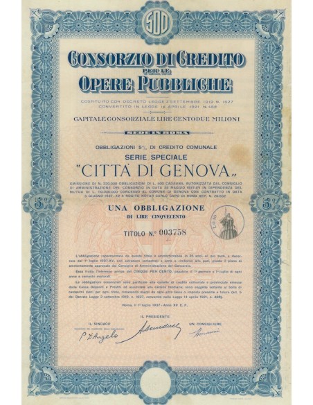 CONSORZIO DI CREDITO PER LE OPERE PUBBLICHE SERIE SPECIALE 1 OBBL. 5% GENOVA 1937