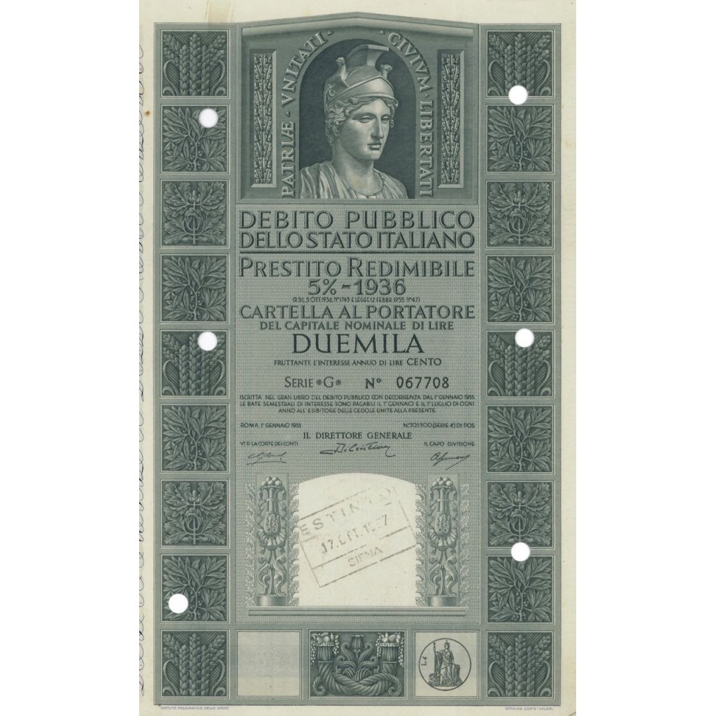 CARTELLA 2000 LIRE P. REDIMIBILE 5% SERIE G - ITALIA 1955