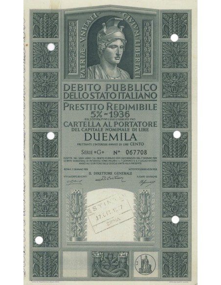 CARTELLA 2000 LIRE P. REDIMIBILE 5% SERIE G - ITALIA 1955