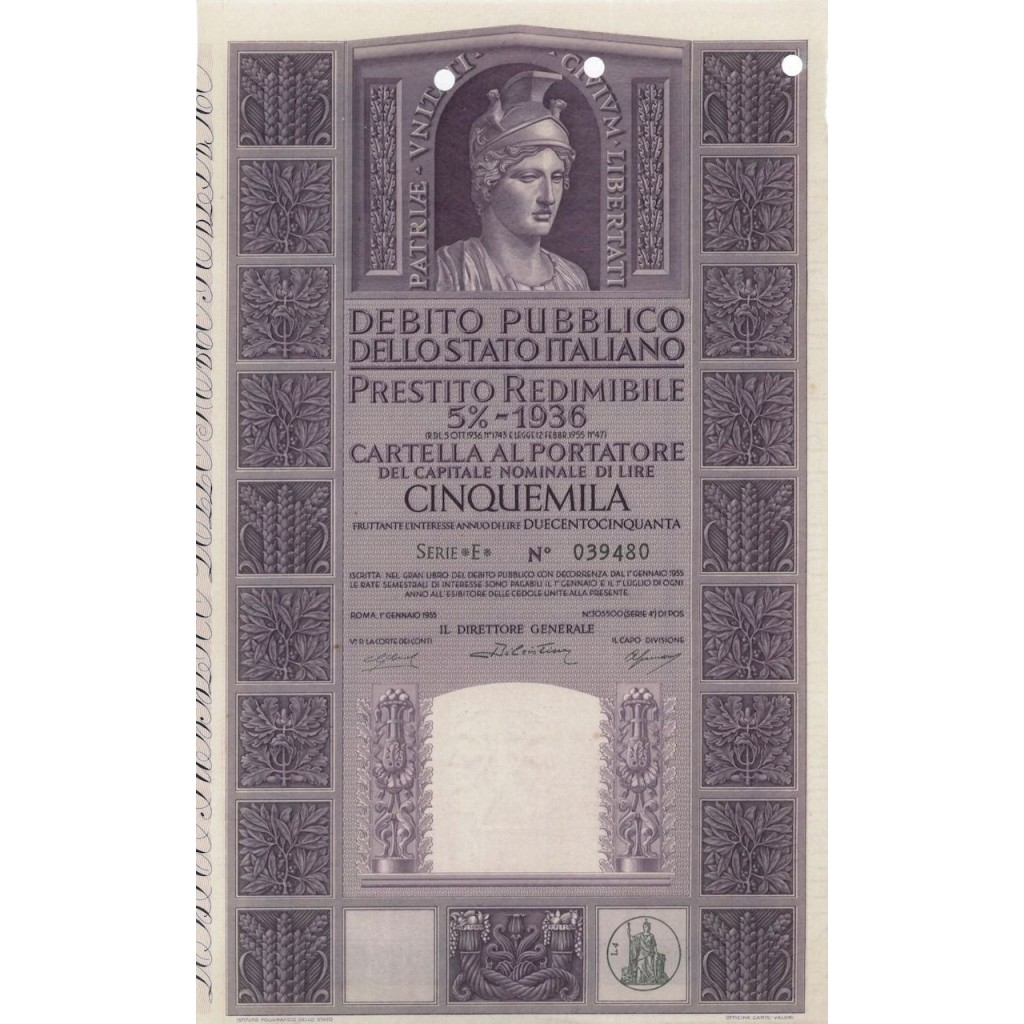 CARTELLA 5000 LIRE P. REDIMIBILE 5% SERIE E - ITALIA 1955