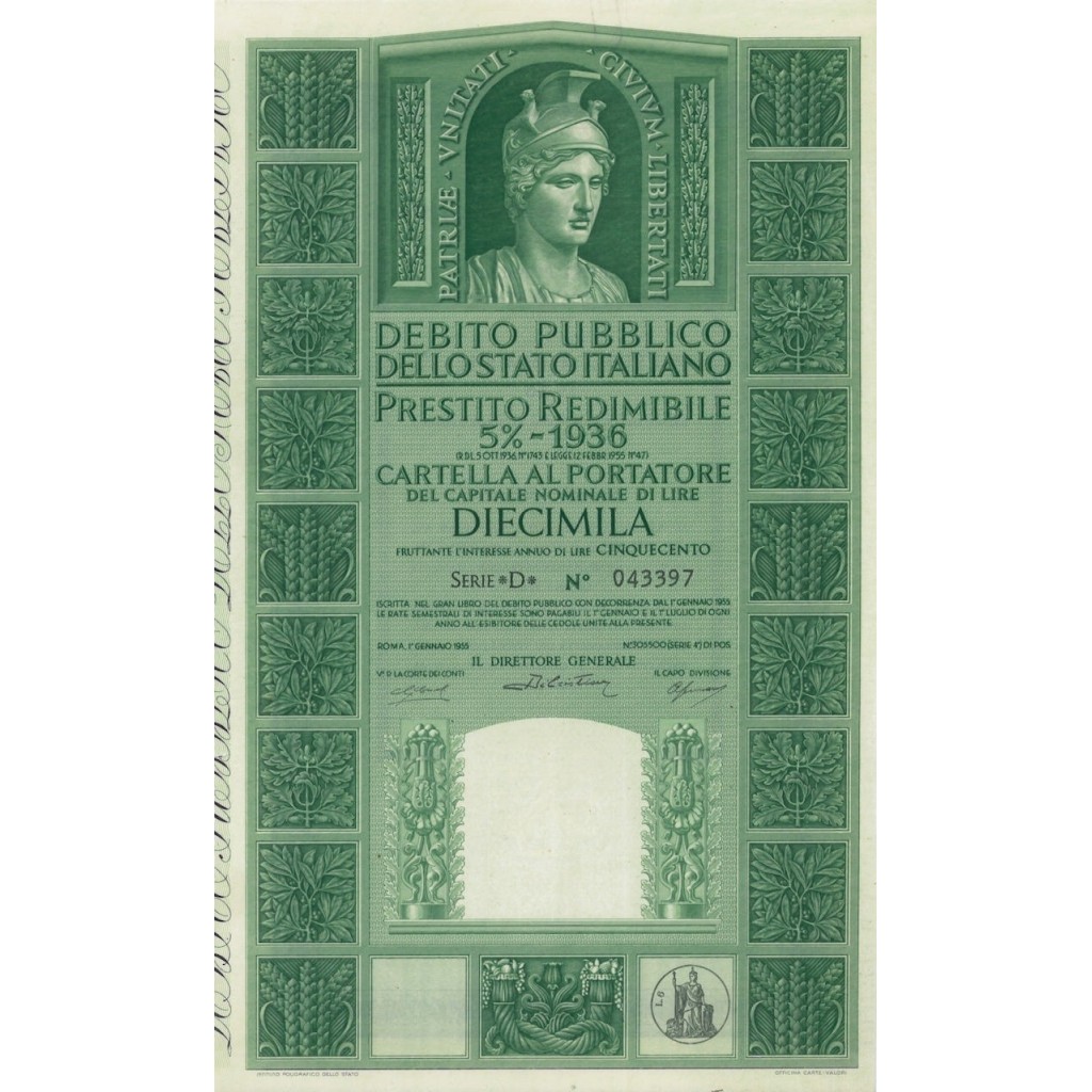 CARTELLA 10000 LIRE P. REDIMIBILE 5% SERIE D - ITALIA 1955