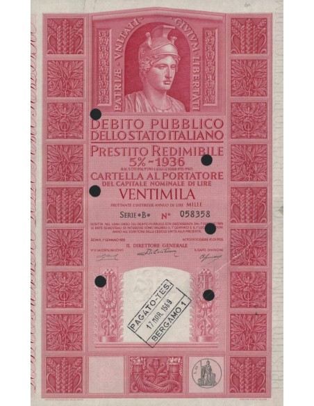 CARTELLA 20000 LIRE P. REDIMIBILE 5% SERIE B - ITALIA 1955