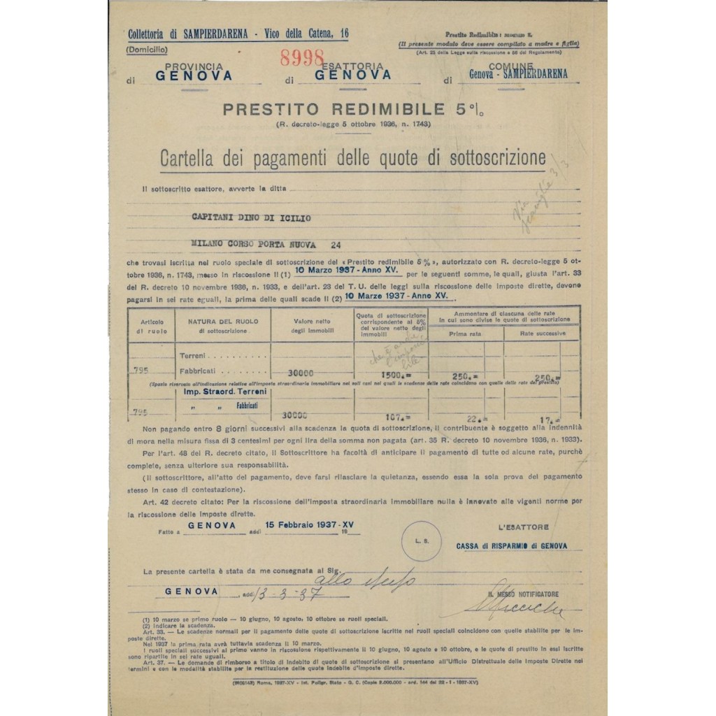 CARTELLA DEI PAGAMENTI - P. REDIMIBILE 5% GENOVA 1937