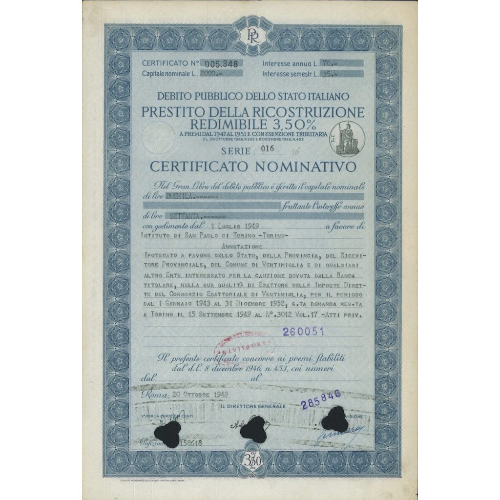 CERTIFICATO NOMINATIVO - P. DELLA RICOSTRUZIONE 3,50% - 1949