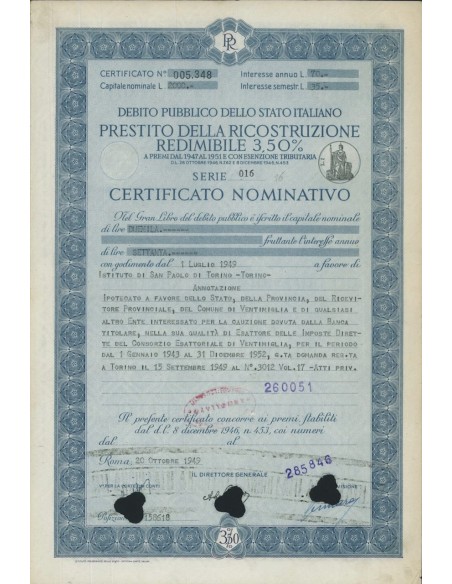 CERTIFICATO NOMINATIVO - P. DELLA RICOSTRUZIONE 3,50% - 1949