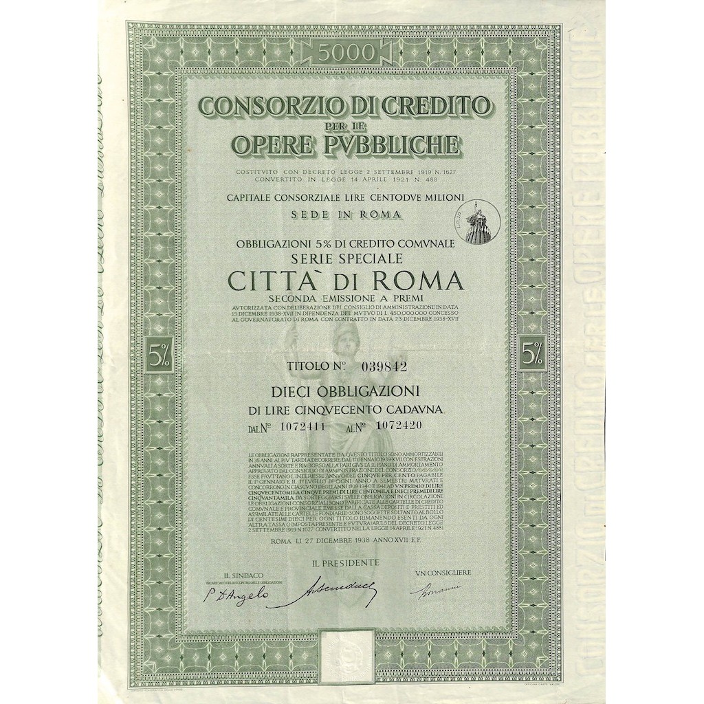 CONSORZIO DI CREDITO PER LE OPERE PUBBLICHE SERIE SPECIALE 10 OBBL. 5% ROMA 1938