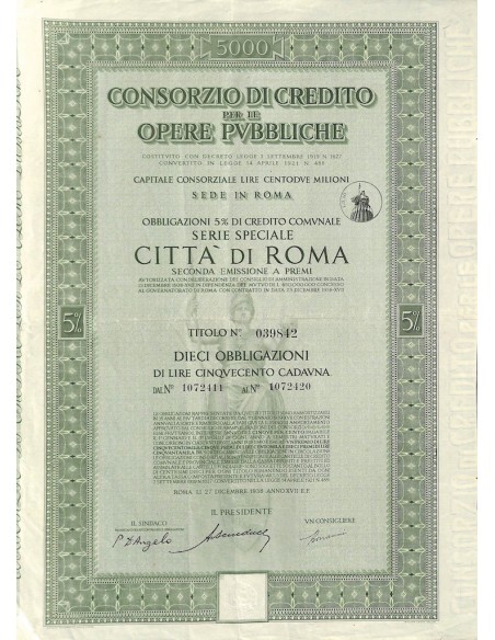 CONSORZIO DI CREDITO PER LE OPERE PUBBLICHE SERIE SPECIALE 10 OBBL. 5% ROMA 1938