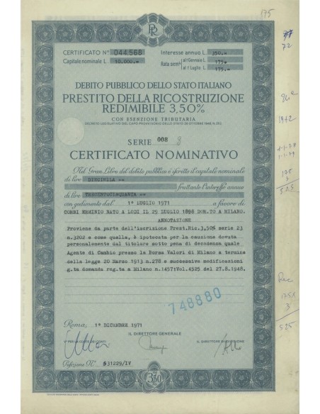 CERTIFICATO NOMINATIVO - P. DELLA RICOSTRUZIONE 3,50% - 1971