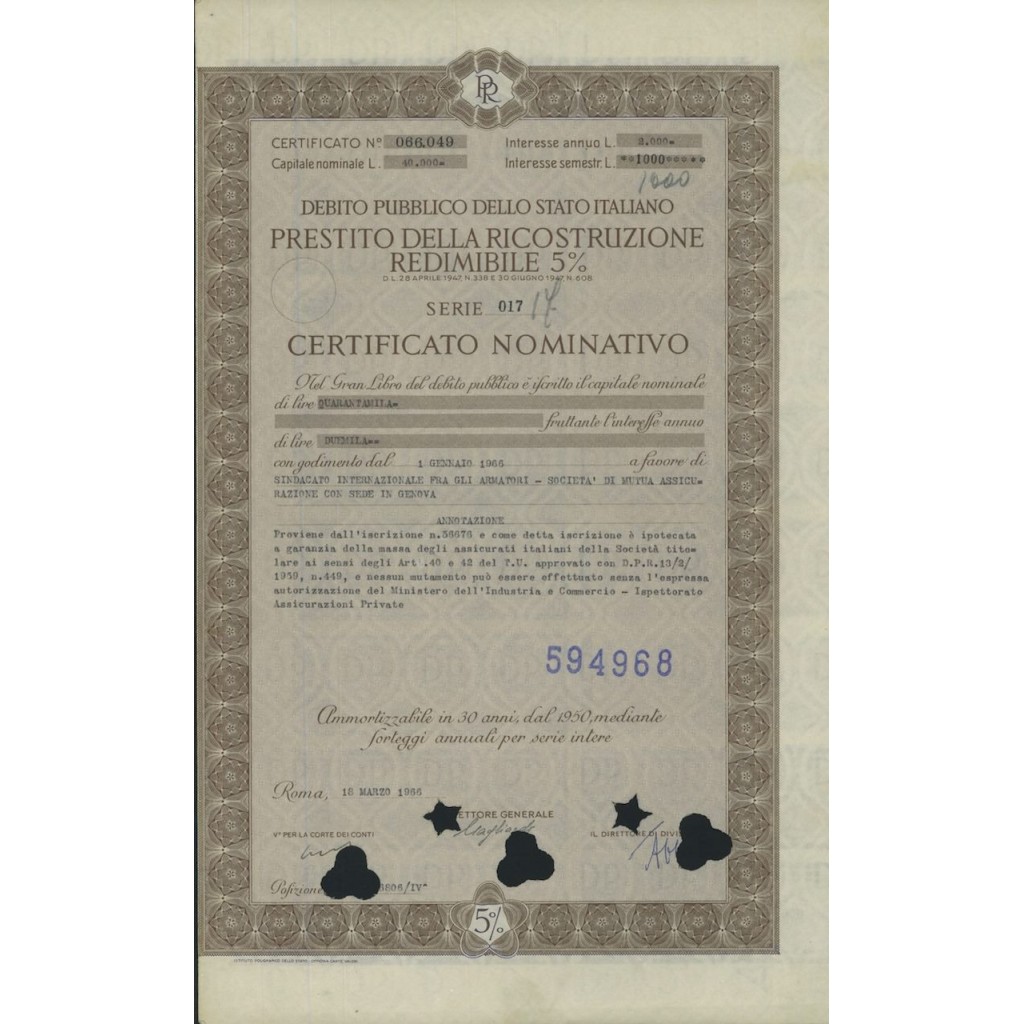 CERTIFICATO NOMINATIVO - P. DELLA RICOSTRUZIONE 5% - 1966