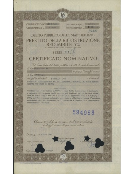 CERTIFICATO NOMINATIVO - P. DELLA RICOSTRUZIONE 5% - 1966